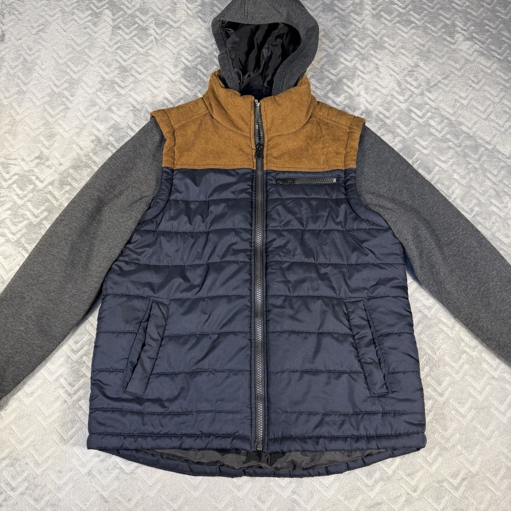 Distortion Boys Large 10/12 Puffer Jacket Brown Corduroy Navy Gray Fleece Hood